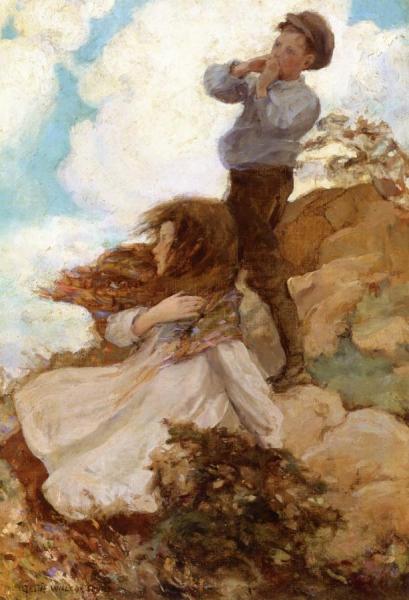 Jessie Willcox Smith Two Children On A Windswept Hillside