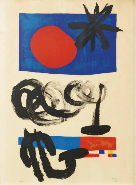 Lune Rouge Et Etoile Noire. Lithographie Originale En Couleurs,1955 by Joan Miró