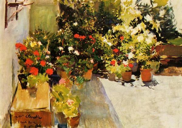 A Rooftop With Flowers by Joaquín Sorolla