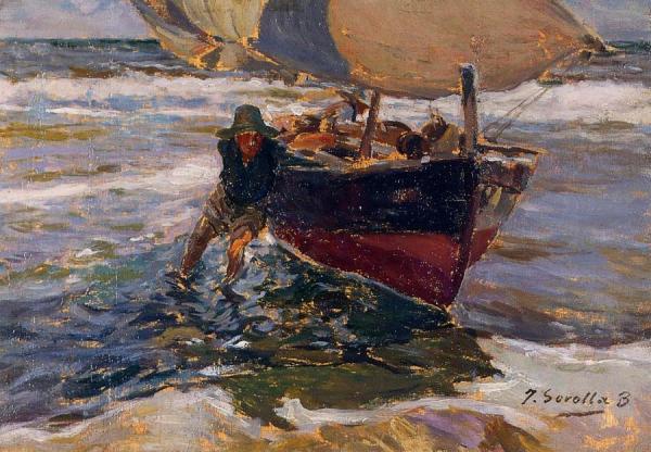 Beaching The Boat (study) by Joaquín Sorolla