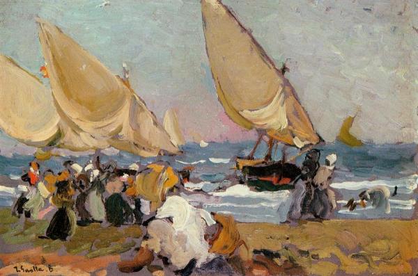 Sailing Vessels On A Breezy Day, Valencia by Joaquín Sorolla