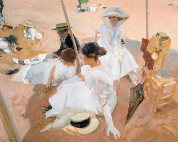 Under The Awning At Zarauz Beach by Joaquín Sorolla