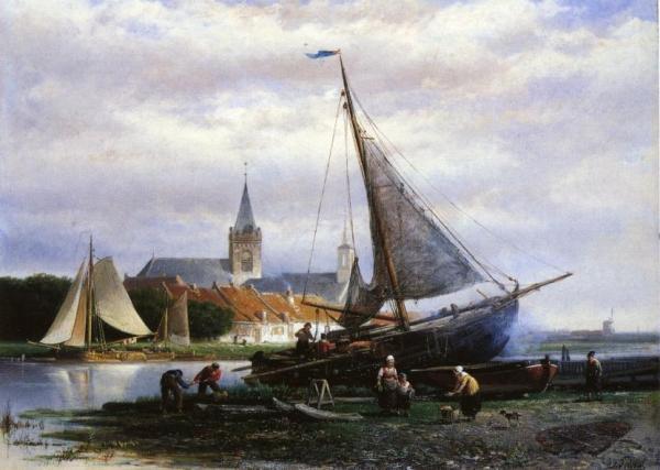 A River Landscape With A Fishing Boat On A Shipyard, A Village Beyond by Johan Adolph Rust