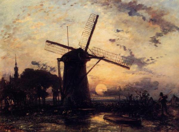 Boatman By A Windmill At Sundown by Johan Berthold Jongkind