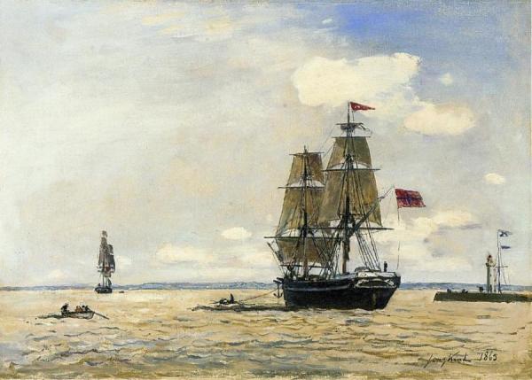 Norwegian Naval Ship Leaving The Port Of Honfleur by Johan Berthold Jongkind