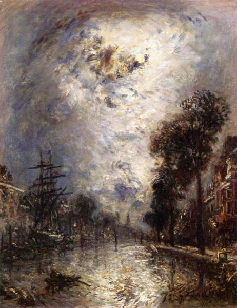 The Interior Of The Port At Rotterdam, Effect Of Moonlight by Johan Berthold Jongkind