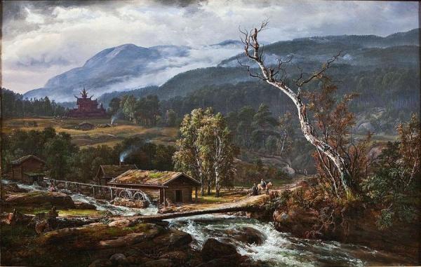 Landscape At Kaupanger With Stave Church by Johan Christian Dahl