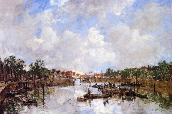 Canal With Barges by Johan Hendrik Van Mastenbroek