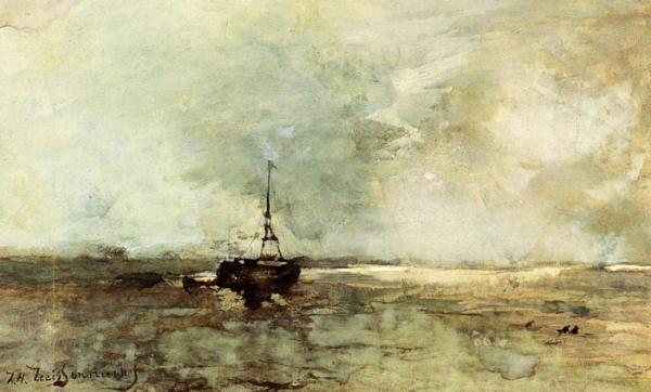 A Bomschuit-boat On The Beach by Johan Hendrik Weissenbruch