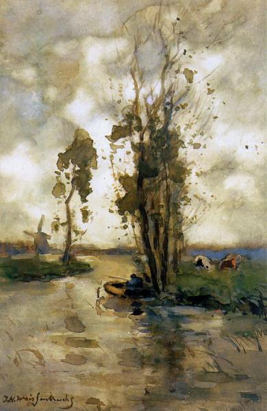 Fisherman In Polder Landscape by Johan Hendrik Weissenbruch