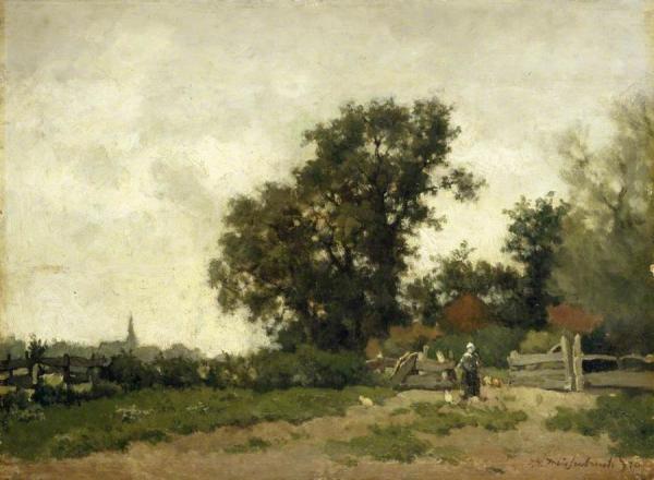 Landscape With A Peasant Girl Feeding Chickens by Johan Hendrik Weissenbruch