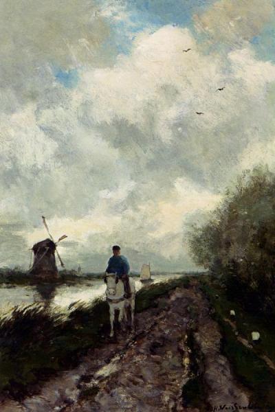 On The Tow Path Along The River Amstel by Johan Hendrik Weissenbruch