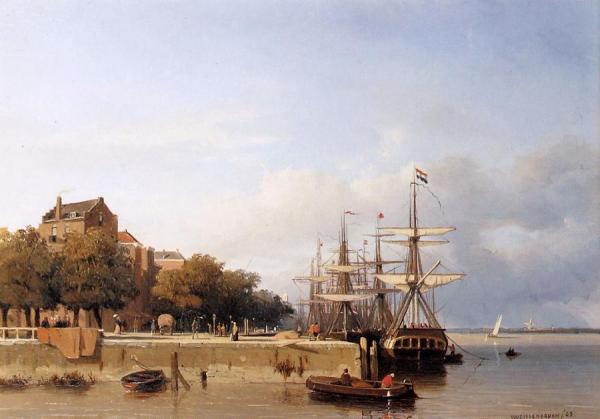 Ships On A Quay by Johan Hendrik Weissenbruch