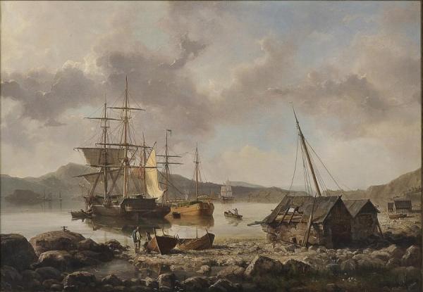 In A Norwegian Harbor by Johan Jacob Bennetter