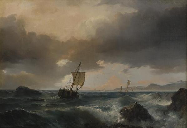 Seascape With Sailing Ships And Sea Birds by Johan Jacob Bennetter Oil Painting Reproductions