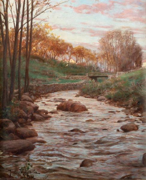 Autumn Landscape With Bridge Over Stream by Johan Krouthén
