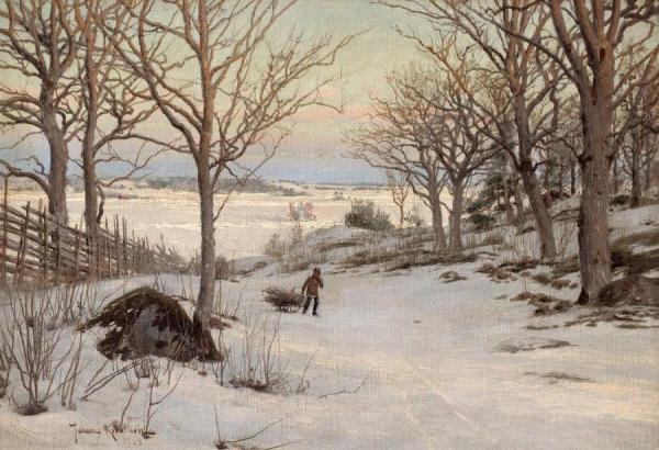 Boy With Sledge In Winter Landscape by Johan Krouthén