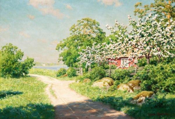 Cabin With Blooming Fruit Trees by Johan Krouthén
