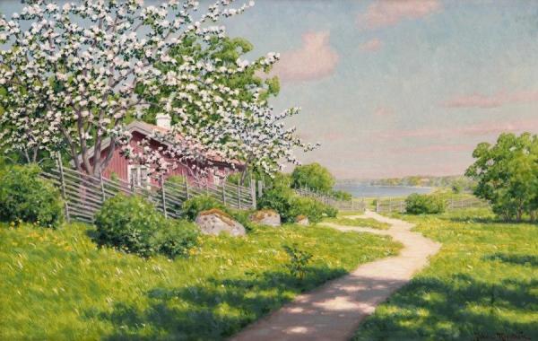 Cabin With Blooming Fruit Trees by Johan Krouthén Oil Painting Reproductions