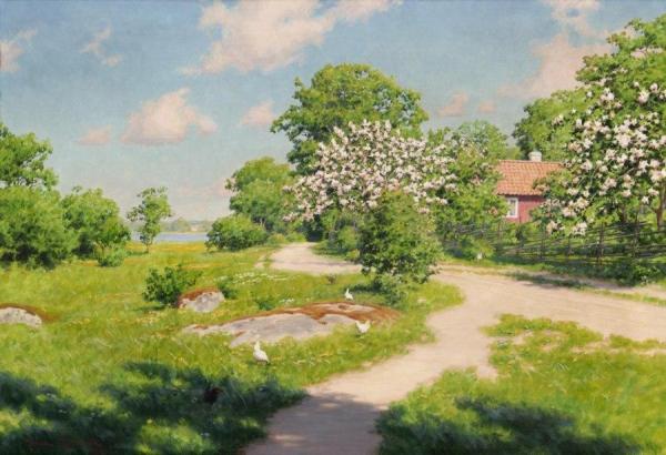 Cabin With Blooming Fruit Trees by Johan Krouthén