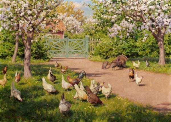 Chickens And Turkeys In The Garden by Johan Krouthén