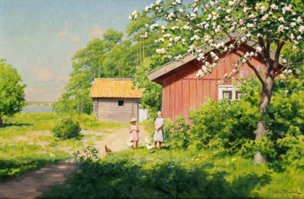 Children By The Cottage by Johan Krouthén