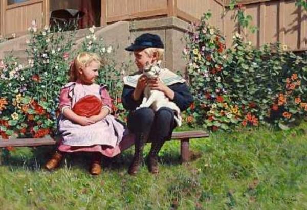 Children With Cat by Johan Krouthén