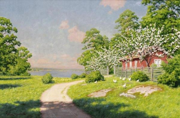 Cottage By The Lake With The Pecking Hens by Johan Krouthén
