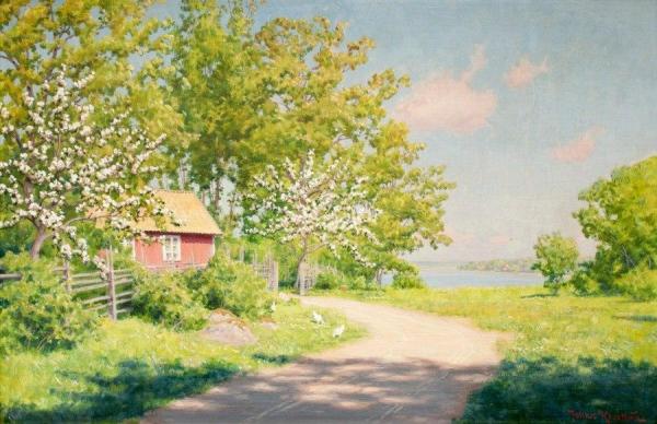 Cottage With Blooming Fruit Trees by Johan Krouthén