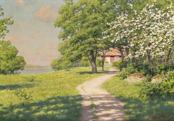 Cottage With Flowering Fruit Trees by Johan Krouthén