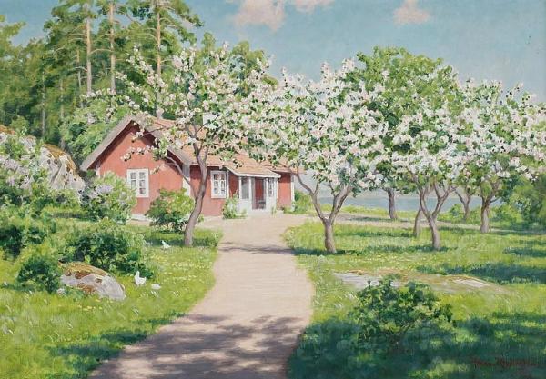 Cottage With Flowering Fruit Trees by Johan Krouthén