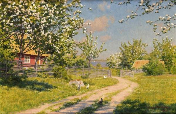Cottage With Flowering Fruit Trees by Johan Krouthén