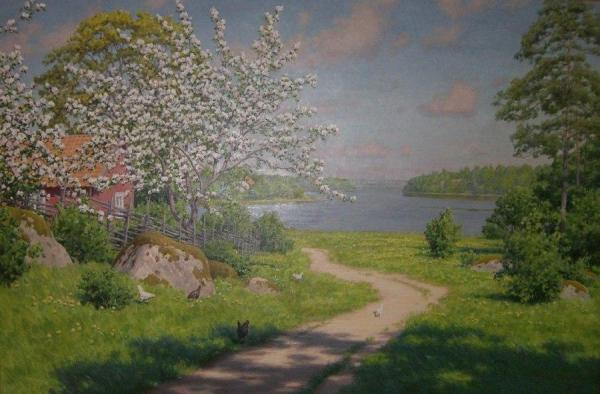 Cottage With Flowering Fruit Trees And Lake by Johan Krouthén