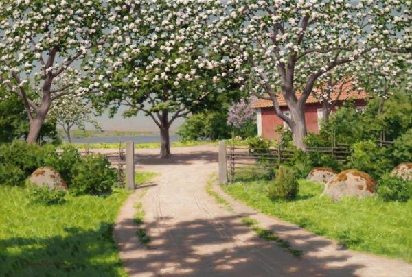 Cottage With Fruit Trees by Johan Krouthén