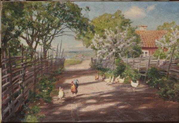 Courtyard With Rooster And Hens by Johan Krouthén