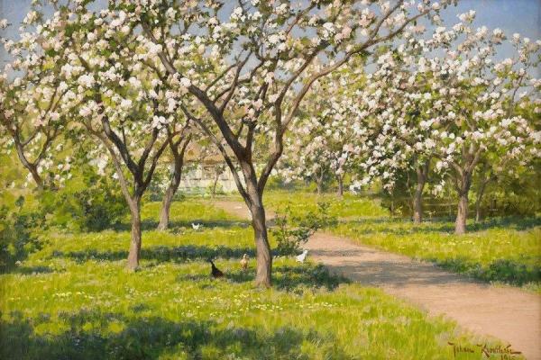 Farm Idyll With Blooming Apple Trees And Chickens by Johan Krouthén