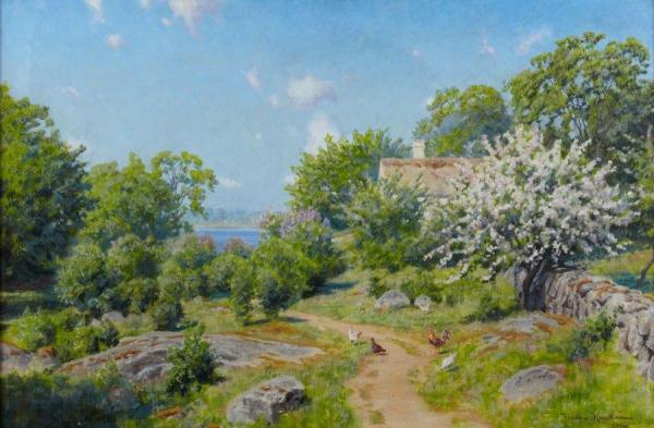 Farm Idyll With Pecking Hens by Johan Krouthén