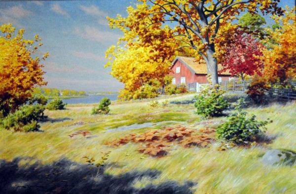 Farm In Autumn Landscape by Johan Krouthén
