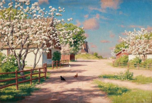 Farm With Blooming Apple Trees And Windmill by Johan Krouthén