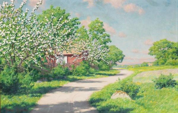 Flowering Fruit Trees At The Red House by Johan Krouthén