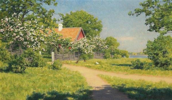 Flowering Fruit Trees By The Red House by Johan Krouthén