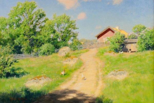 House With Flowering Trees by Johan Krouthén