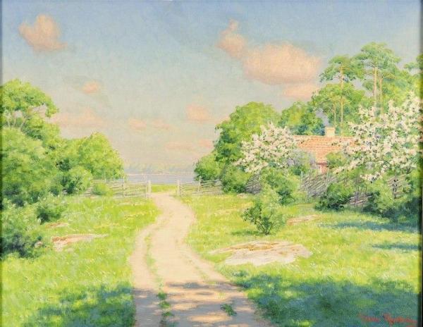 House With Flowering Trees by Johan Krouthén