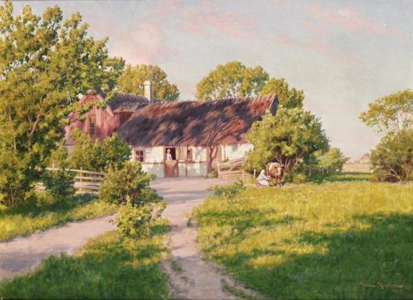 Old Farm With Woman Milking A Cow by Johan Krouthén