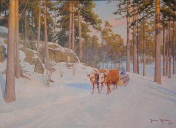 Oxen In Winter Landscape by Johan Krouthén