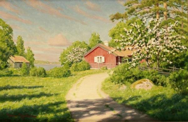 Red House With Fruit Trees by Johan Krouthén
