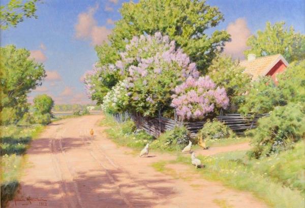 Road With Pecking Hens And Lilacs by Johan Krouthén