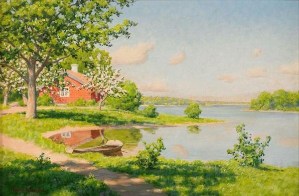 Summer Idyll With Blooming Apple Tree by Johan Krouthén Oil Painting Reproductions