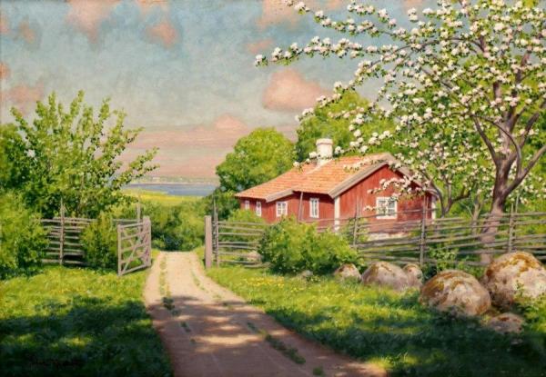 Summer Idyll With Blooming Fruit Tree by Johan Krouthén Oil Painting Reproductions