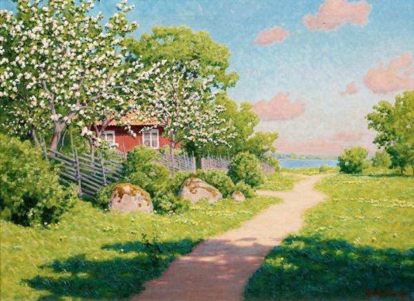 Summer Landscape With Blooming Fruit Trees by Johan Krouthén
